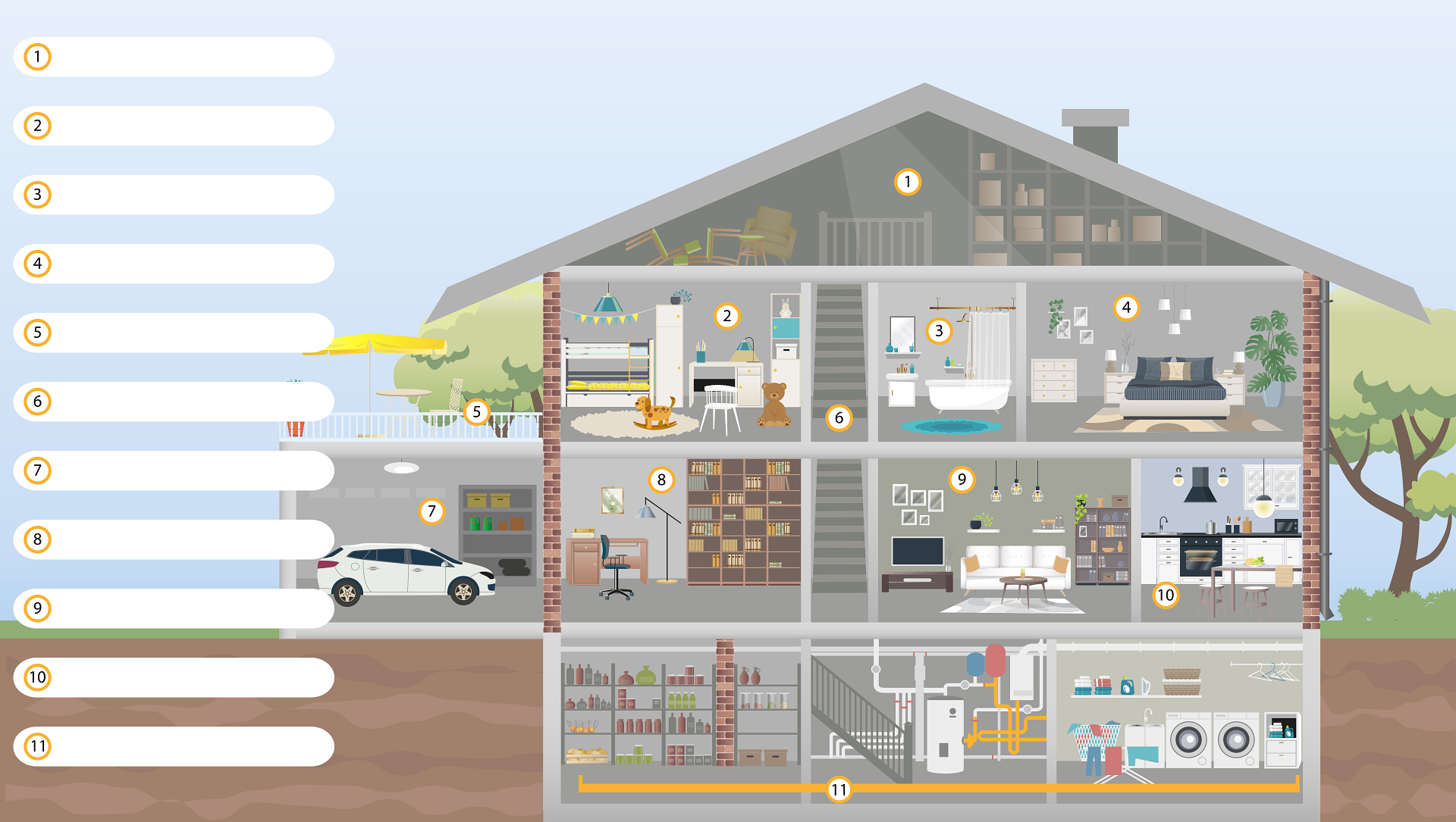 Diagram of a house looking into all the rooms.