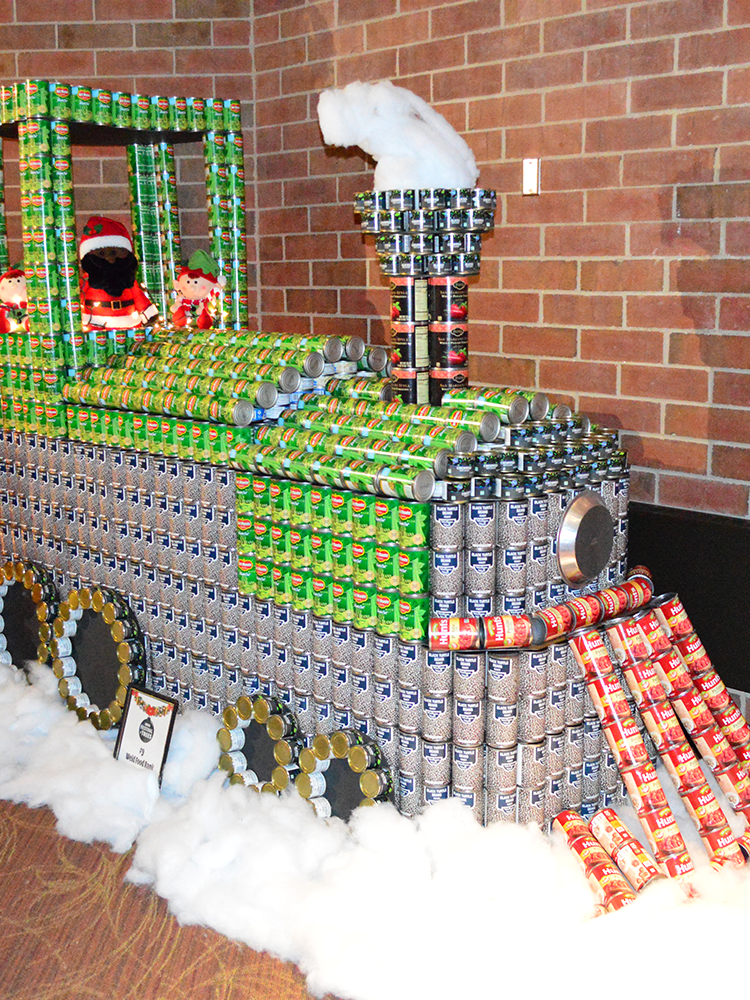 Photo of a train made of canned goods